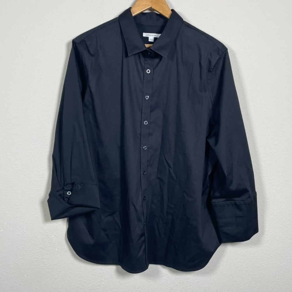 Chico's Button Down Shirt Women 3.5 US 18 Black Cotton Blend Stretch Career
